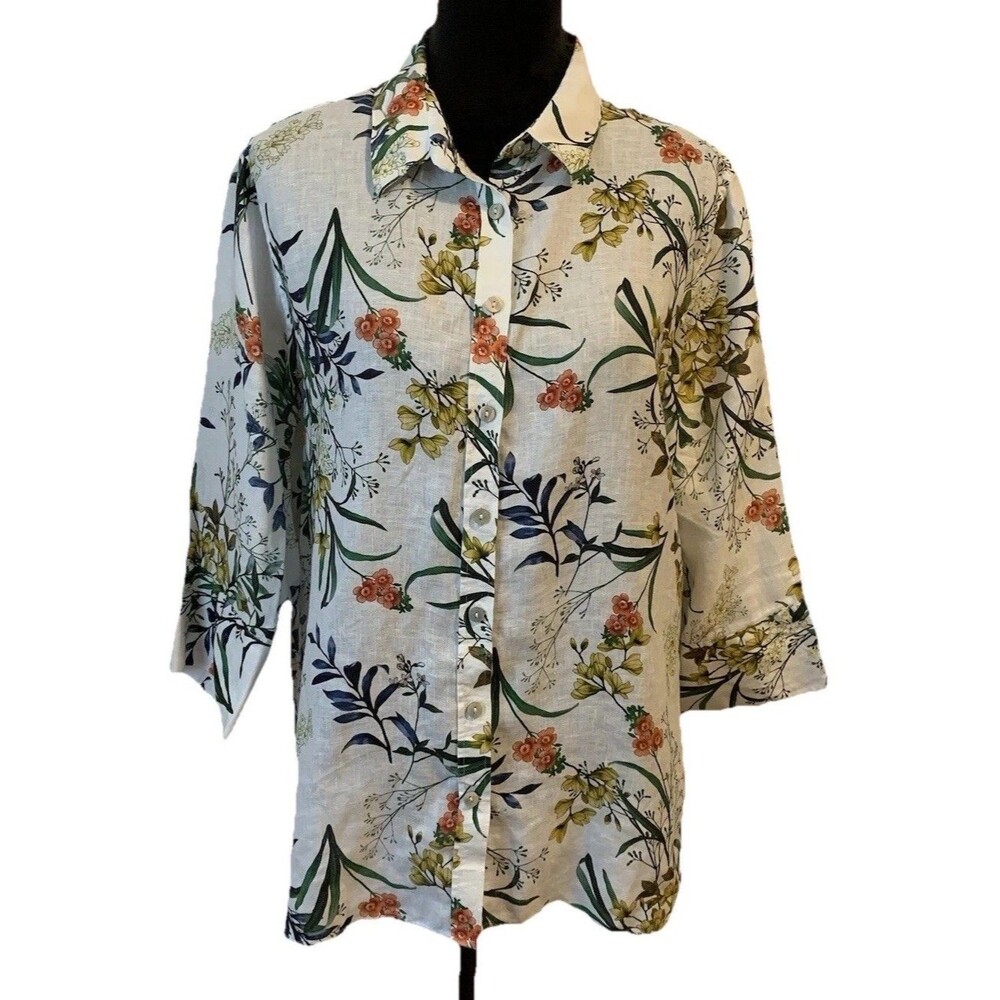 Chicos Size 3 Womens XL Top Linen Floral Print 3/4 Sleeve Coastal Beach